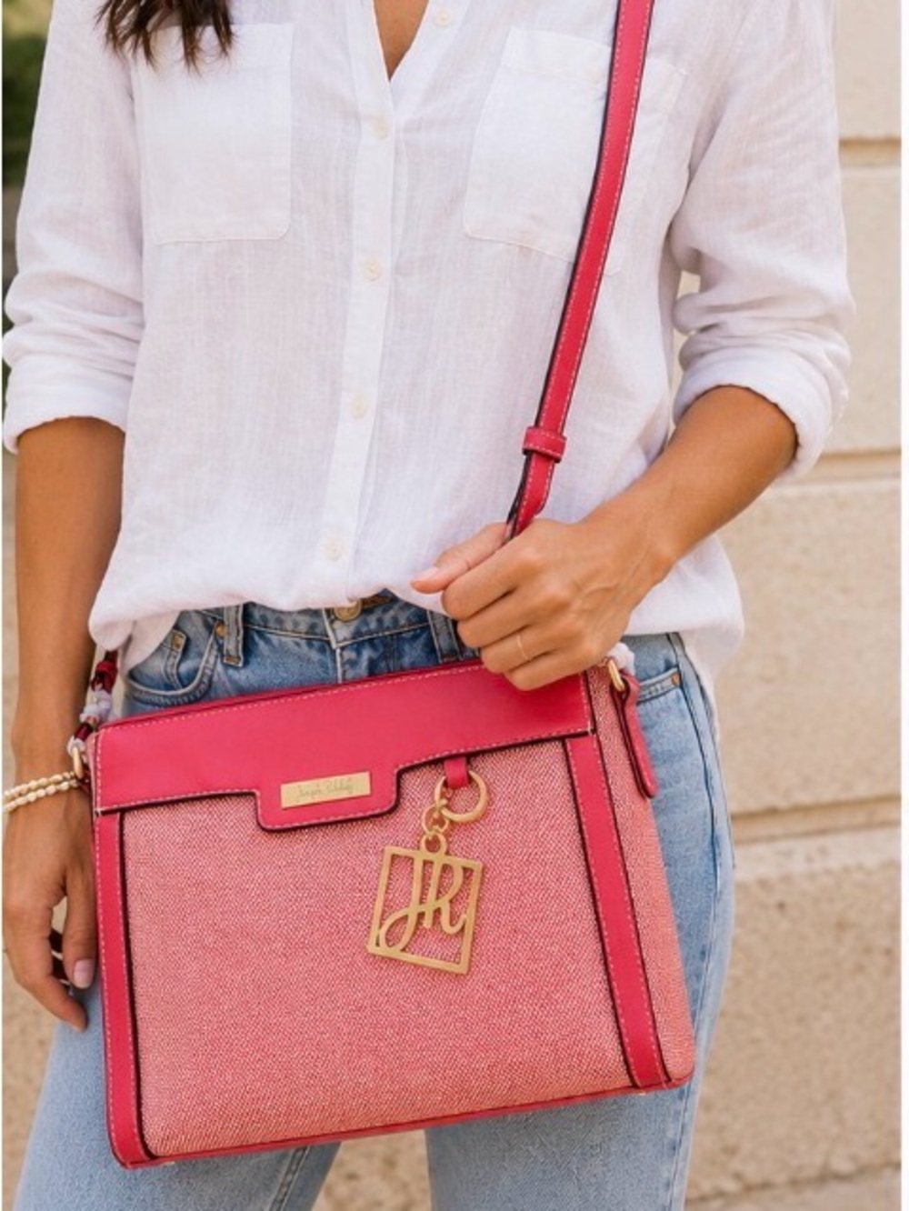 Joseph Ribkoff Pink Crossbody Bag with Gold Logo Charm
